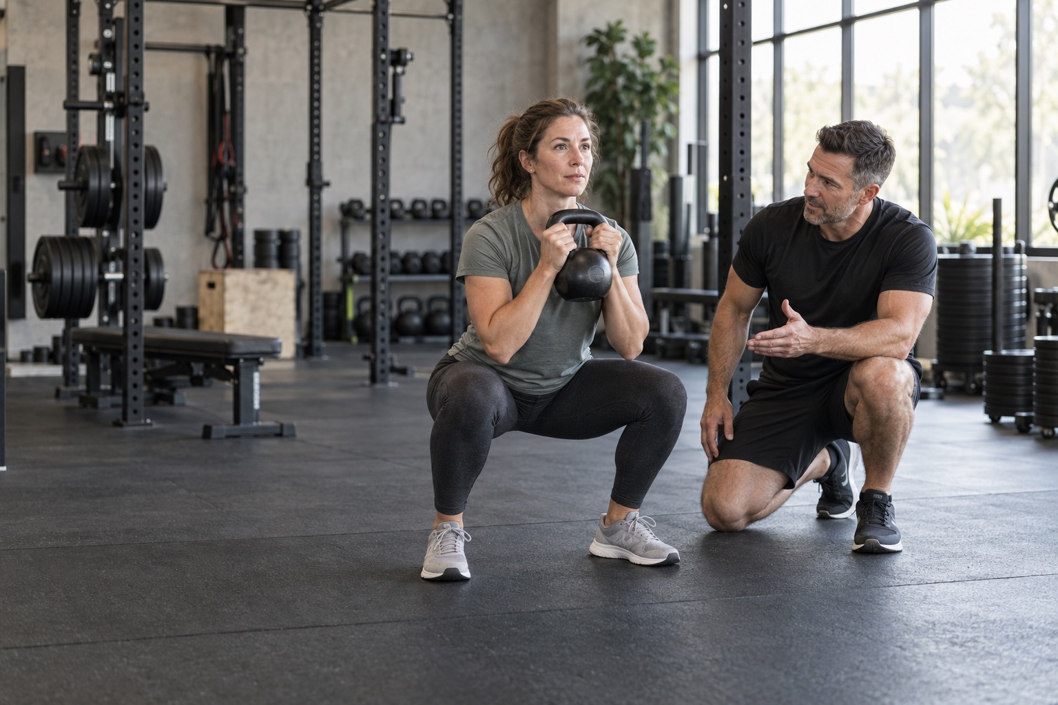Illustrative coaching scene: a trainer guides a client through a kettlebell squat